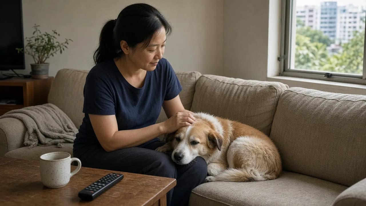 Pet owner sitting with a dog on a sofa in a Singapore home