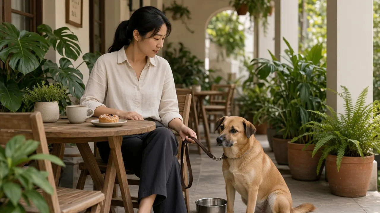 Pet owner sitting with a dog at an outdoor cafe table in Singapore