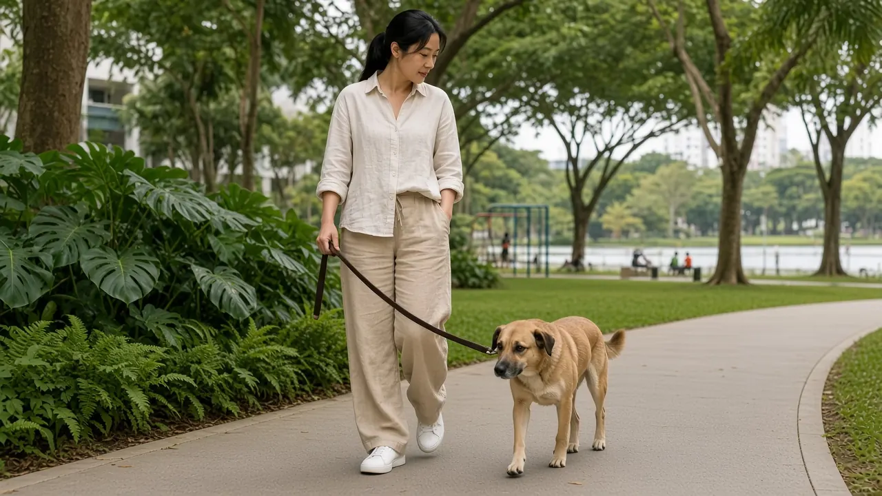 Pet owner walking a leashed dog along a tropical park path in Singapore