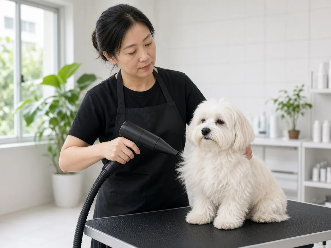 Dog being groomed in a clean pet grooming salon