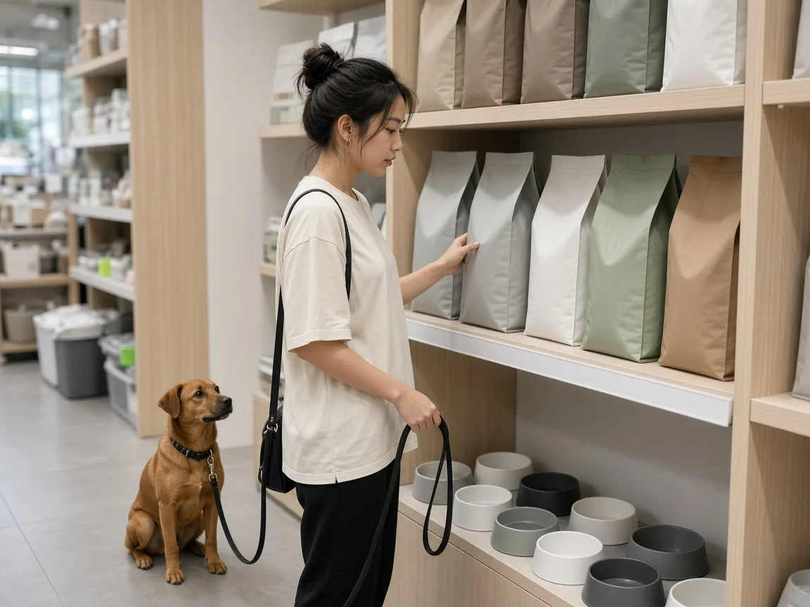 Pet owner choosing supplies in a modern pet shop with a dog