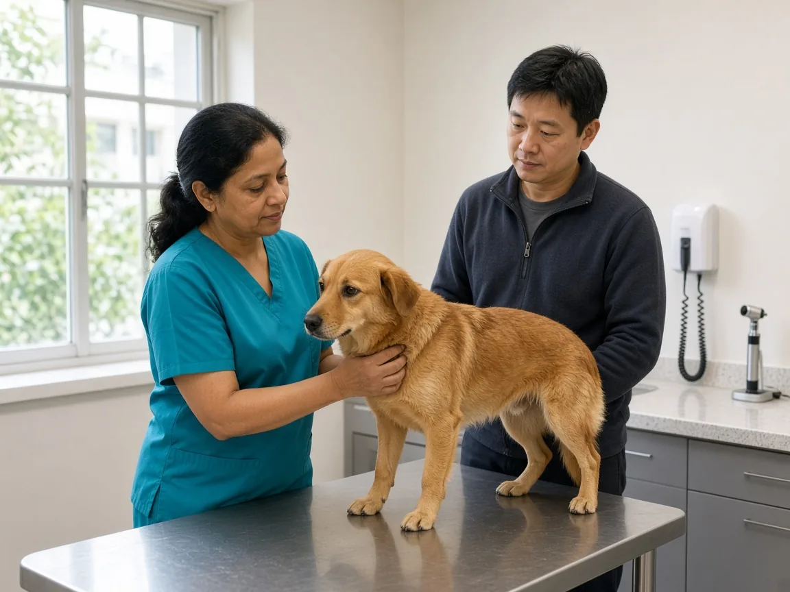 Veterinarian examining a dog during a consultation
