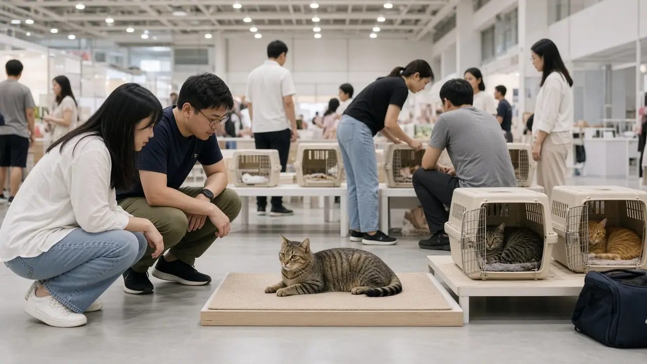 Visitors greeting cats beside open carriers in a bright exhibition hall