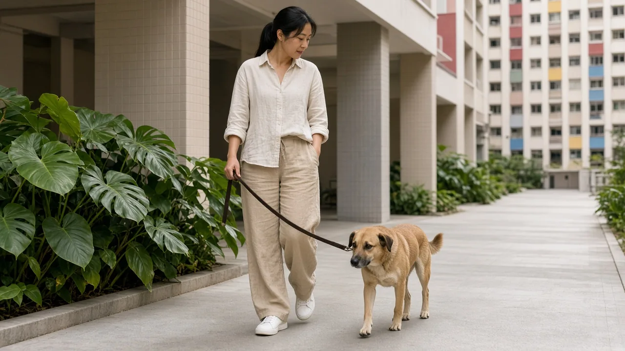 Pet owner walking a dog along an HDB estate walkway in Singapore